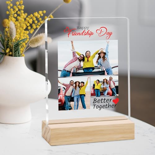 Image of Giftplease Customized Friends Plaque with Wooden Stand | Personalized Photo Frame with Quote | Best Friend Birthday Gift, Farewell Gift, Friendship Day Gift for BFF Keepsake Room Decor FR 10