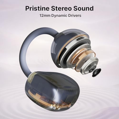 Image of pTron Bassbuds Verse Clips Wireless Open Ear Earbuds w /SafeBeats Tech, 50Hrs Playtime, Dual HD Mics, TruTalk AI-ENC, Custom EQ, Mobile App, Pristine Sound,BTv6.0 Earclips,Type C Charging(Pearl Purple)