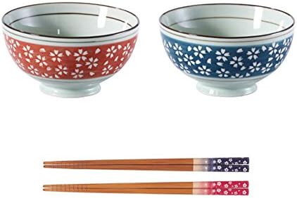 Japanese bowl set, cherry blossom 2 colors design, set of 2 bowls and 2 chopsticks
