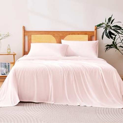 Image of Amazon Basics Cooling Sheets, 4-Piece Bed Sheet Set for Summer, Soft and Breathable for Hot Sleepers, Bedding with 1 Deep Pocket Fitted Sheet, 1 Flat Sheet, and 2 Pillowcases, Full, Pink