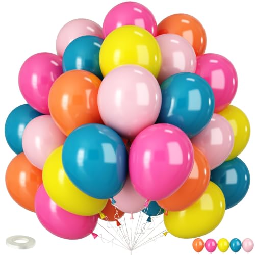 Image of Tropical Balloons, 12 Inch Summer Hawaiian Balloons, Hot Pink Orange Teal Pink Yellow Colorful Latex Balloon Multicolor for Luau Pool Flamingo Aloha Beach Fruit Birthday Back to School Party Decor