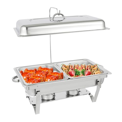 HuKaiL 4.5L*2 Edelstahl Warmhaltebehälter, Speisewärmer Chafing Dish mit Aufhängbarer Deckel, Warmhaltegerät Buffetwärmer für Cafeterias, Hotel, Schulkantinen, Bankette, 55.2 * 35.2 * 26.3cm