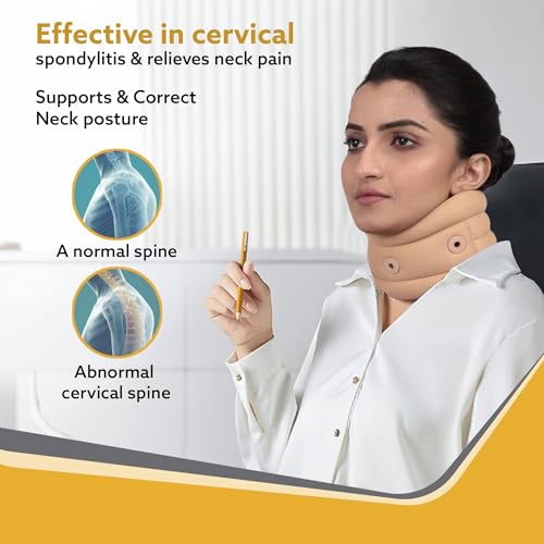Image of AGARO Cervical Collar Spondylitis Neck Support, Adjustable Neck Brace With Extra Support, Relieves Pain, Stress & Pressure in Spine, Inflatable Neck Stretcher Collar Device, Large, Beige