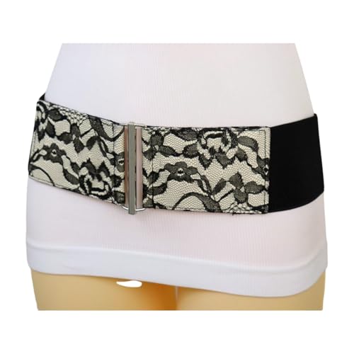 Generic Women Black Elastic Fashion Belt - Hip High Waist Wide Waistband Flower Lace Fabric Size S M z2022