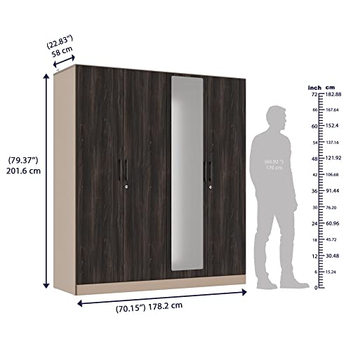 Image of Wakefit Wardrobe | 1 Year Warranty | Engineered Wood Almirah, Cupboard for Clothes Storage | 4 Door, Mirror, 5 Shelves, 1 Partition, 3 Drawers, 2 Hanging Space | Cashmere Plus - Frappe-Wyoming Maple