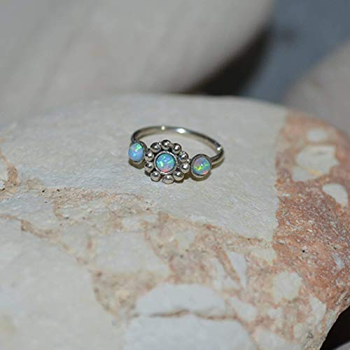 2mm Blue Opal Flower Nose Ring - Silver Nose Hoop 20g - Cartilage Earring - Helix Piercing - Rook Piercing - Tragus Ring - Conch Piercing