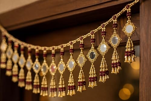 Image of iHandikart Handmade Decorative Beads Toran, with, Mirror, Flower Bell, for Beads, Size - 40 * 8 Inch, Traditional Used for - Home Decor, Fetival Decoration, (IHK-T155)