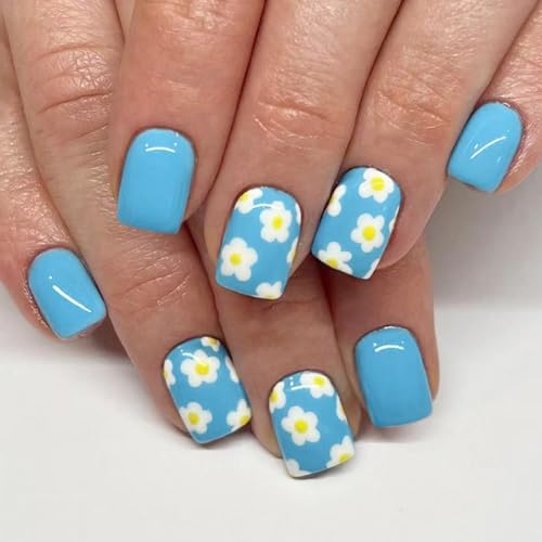 Image of 24Pcs Blue Press on Nails Flower Fake Nails Short Square False Nail Spring Floral with Design Glossy Full Cover Stick on Nail for Women Manicure