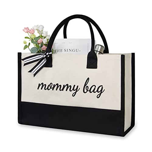 Image of TOPDesign Personalized Canvas Mom Tote, Baby Shower Present for New Mom, Mama Bag for Hospital Beach Travel, Mother's Day Birthday Gifts for Women