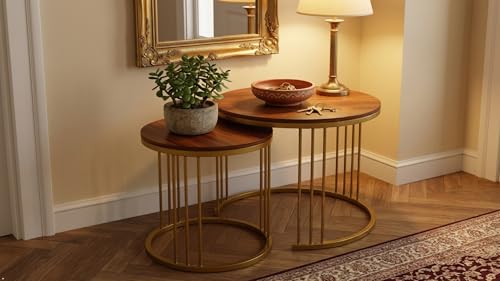 Image of Modern Nesting Table Set of 2 - Round Coffee Table with Engineered Wood Top & Metal Frame, Side Tables for Living Room, Bedroom & Lounge (Gold & Brown)