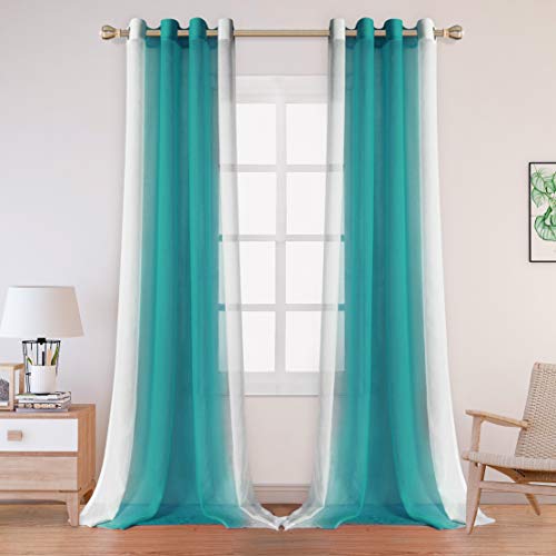 LORDTEX Faux Linen Ombre Sheer Curtains for Bedroom - Voile Semi Sheer Curtains Grommet Top Gradient Curtains for Living Room, Set of 2 Panels, Turquoise, 52 x 84 Inch