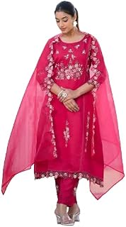 Varanga Women Fuchsia Pink Embroidered Scallop Detail Kurta Paired with Bottom and Dupatta Price In India