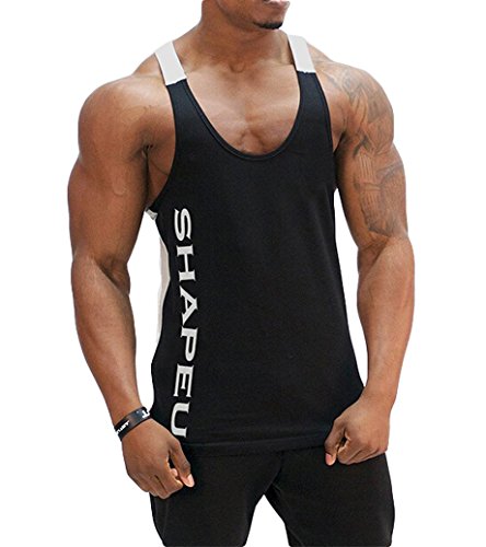 Lesimsam Men Muscle Fitness Tank Top Bodybuilding Workout Gym Sport Sleeveless Stringer Shirts Vest (TAG L=US S, Black)
