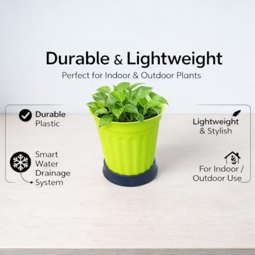 Image of TechHark GreenPlastic Plant Pots with Saucer, Ribbed Style, for Indoor and Outdoor Use, Set of 5