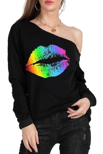 Image of MAGICMK Woman's Sweatershirt Lips Print Causal Blouse Off The Shoulder Long Sleeve Loose Slouchy Pullover Plus Size Tops