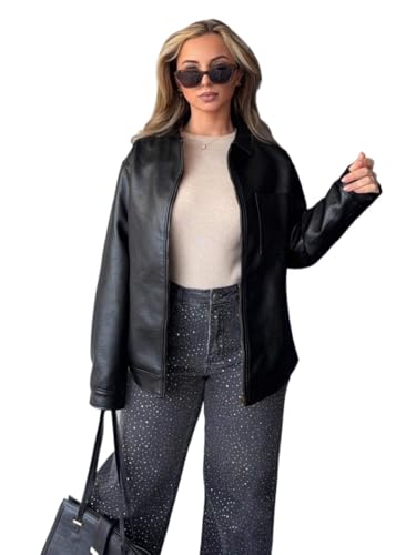 JMUJUN Women's jackets coats Solid Color Casual Long Sleeve leather