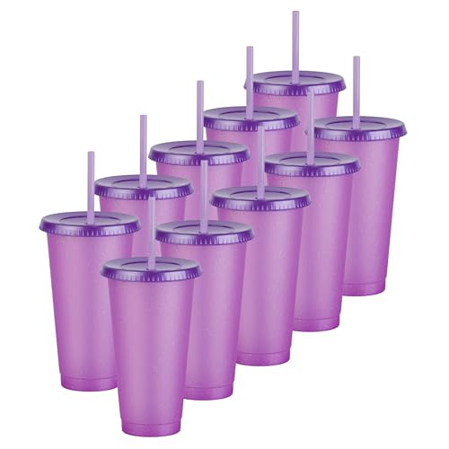 Listado de Vaso de plastico con popote que Puedes Comprar On-line. 48 Vasos de Plastico Reusable Set de 10, 20, Y 50 Vaso con Popote y Tapa de 24 oz tipo Termos para Cafe (Vaso tipo Termo Reusable/Plastic Cup) (10, MORADO GLITTER TRANSLÚCIDO)