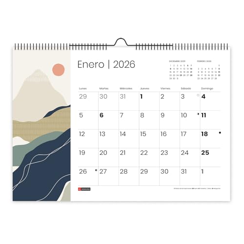 Miquelrius - Calendario 2026 de pared, Organizador anual A3: 420 x 296 mm, Con espacio para anotar, Encuadernación espiral doble, Planificador 12 meses, Español, Montañas