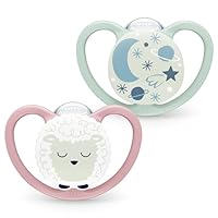 NUK Space Night Baby Dummy | 0-6 Months | Glow-in-the-Dark Pacifiers with Extra Ventilation for Sensitive Skin | BPA-Free Silicone | Sheep & Moon | 2 Count