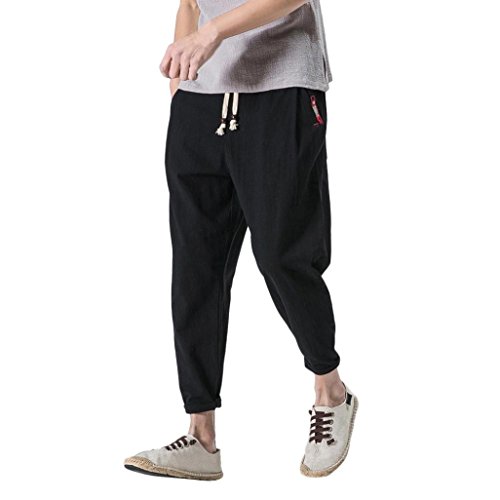 PASATO Men's Casual Slim Sports Pants Ankle-Length Linen Trousers Baggy Harem Pants Trousers(Black,M)