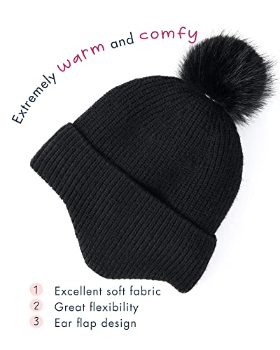Toddler Baby Winter Hat Warm Fleece Lined Knit Kids Hat With Earflap Infant Newborn Pom Pom Beanie Knit Cap Girls Boys (Black, 1-4T) #TOP2
