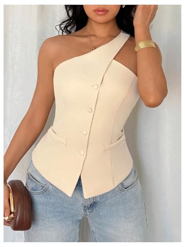 Floerns Women's One Shoulder Sleeveless Suit Vest Blazer Button Down Business Casual Waistcoat4