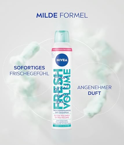 NIVEA Trockenshampoo Fresh Volume (200 ml), extra mildes Trockenshampoo Spray mit angenehmem Duft, Trockenhaarshampoo für extra Volumen & sofortige Frische