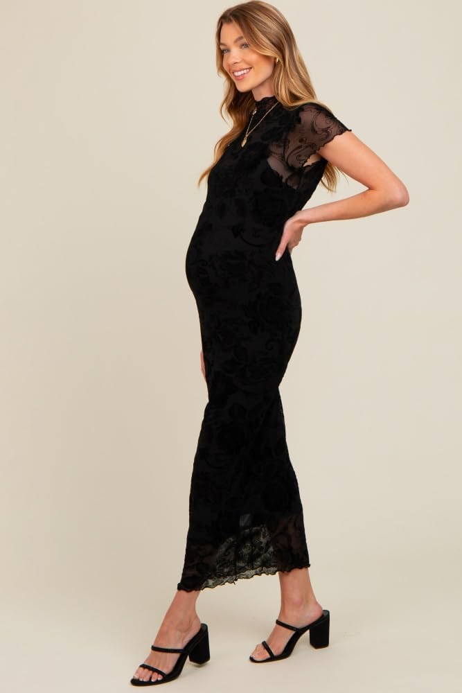 PinkBlush Floral Mesh Overlay Fitted Maternity Maxi Dress