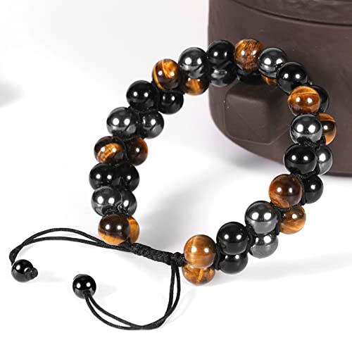 Denchy Triple Protection Bracelet, Tigers Eye - Black Obsidian And Hematite Beaded Bracelets For Men Women, Tourmaline Spiritual Natural Crystal Stone Luck Bracelet, Birthday Mother's Day Gift (2X8Mm #TOP5