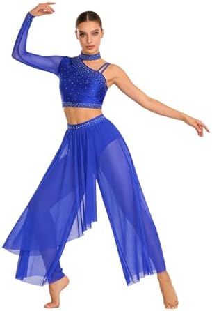 TSSOE Lyrical Dance Costumes for Women Sparkly Rhinestone Crop Top with Flowy Pants Contemporary Costumes Royal Blue XX-Large