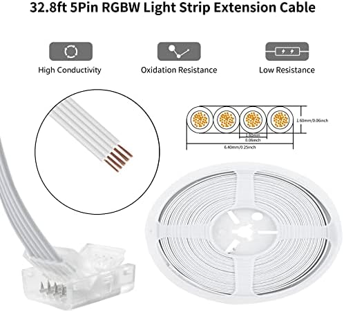 Aroidful 32.8ft 5 Pin RGBW LED Strip Light Extension Cable with 5 Pin RGBW LED Strip Lights Connectors Strip to Wire Connector for 10mm Wide Waterproof or Non-Waterproof 5PIN RGBW LED Strip Lights