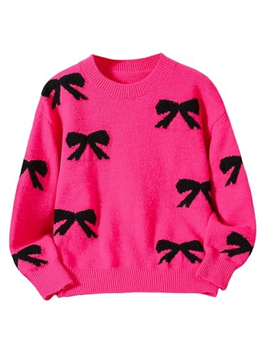 Image of BEAUDRM Girl's Cute Bow Sweater Crew Neck Long Sleeve Drop Shoulder Loose Pullover Tops