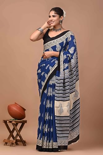 Image of Crafts Moda Hand Block Ajrakh Print Cotton Saree for women with Blouse | Soft comfortable wear sari