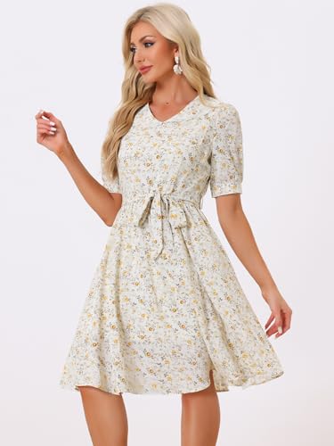 Image of Allegra K Women's Vintage Peter Pan Collar High Waist Flowy Midi Puff Sleeve Floral Dress