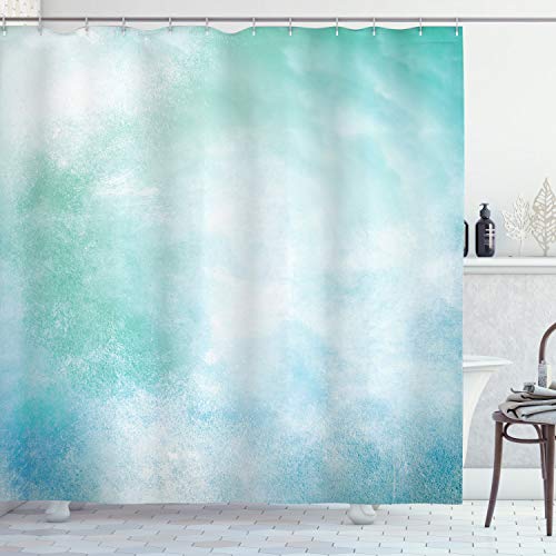 Ambesonne Turquoise Shower Curtain, Abstract Cloudy Sky Image Art in Aquatic Color Grunge Style Design Print, Cloth Fabric Bathroom Decor Set with Hooks, 69' W x 75' L, Pale Blue White