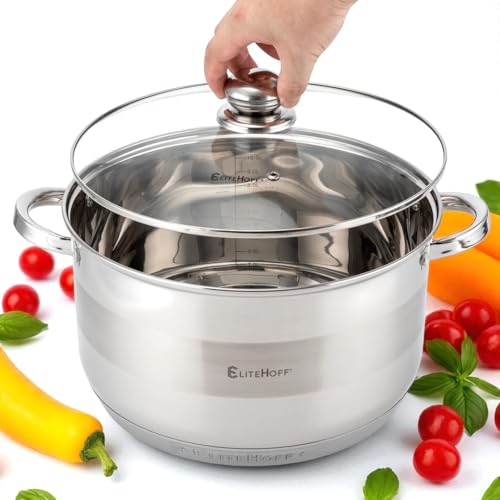EliteHoff Olla de acero inoxidable de 7 capas, para inducción, con tapa de cristal, apta para todo tipo de cocinas, apta para lavavajillas (12,3 L – 30 cm)