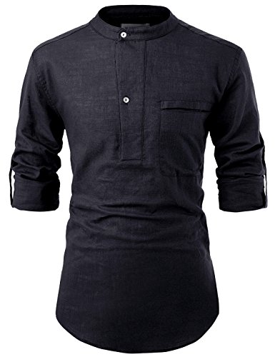 NEARKIN (NKNKN381 Mens China Collar Henley Neck Roll-Up Sleeve Basic Linen Shirts Black US XXXL(Tag Size 3XL)