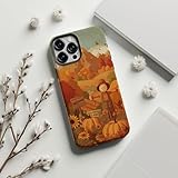 Autumn Harvest Scarecrow Phone Case, Pumpkins, Sunflowers and Fall Mountains, Cozy Thanksgiving Farm Aesthetic Cover MagSafeCase Gift for iPhone16 15 14 13 12 11 X 8 7