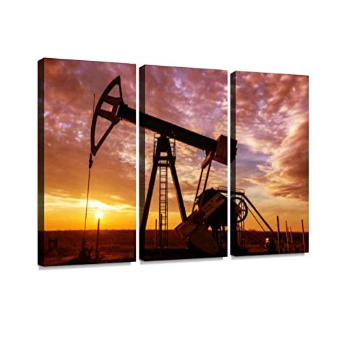 Scenery With Oil And Gas Well Pump And Dramatic Sunset Oil Rigs And Wall Artwork Exclusive Photography Vintage Abstract Paintings Print On Canvas Home Decor Wall Art 3 Panels Framed Ready To Hang #TOP11