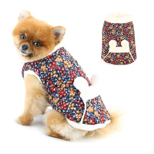PAIDEFUL 犬 服 冬 小型犬 花柄 フリース 裏起毛 コート うさ耳付き ジャケット 防風 防寒 パッド入り あったか ペットウェア チワワ ヨーキー 猫服 おしゃれ ドッグウェア Dリング付き,濃い青,L