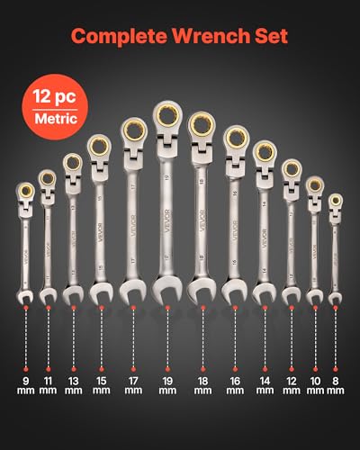 Image of VEVOR Flex-Head Ratcheting Wrench Set, 12-Piece Metric 8 mm to 19 mm, 72 Teeth, Cr-V Steel Ratchet Flexible Combination Wrench Set with Roll Up Pouch, for General Household and Automotive Repairs