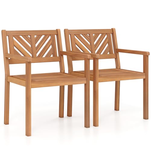 Image of Tangkula Acacia Wood Patio Dining Chairs Set of 2, Outdoor Dining Chairs with 400 lbs Capacity, Teak Finish, Heavy-Duty Wooden Armchairs for Porch, Deck, Backyard & Balcony (2)