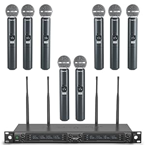 Phenyx Pro Wireless Microphone System, 8-Channel Wireless Mic, w/ 8 Handheld Dynamic Microphones, Auto Scan,8×40 UHF Frequencies, 328ft Range, Mics for Singing,Church, Karaoke(PTU-6000-8H)