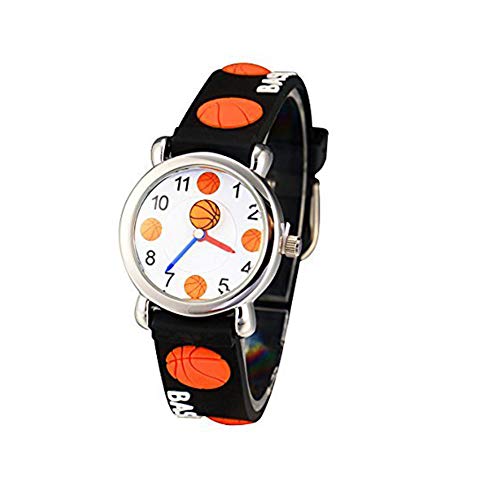 Jian Ya Na Montre à quartz numérique ronde avec bracelet en silicone et motif de dessin animé pour fille Noir (ballon de basket 3D).