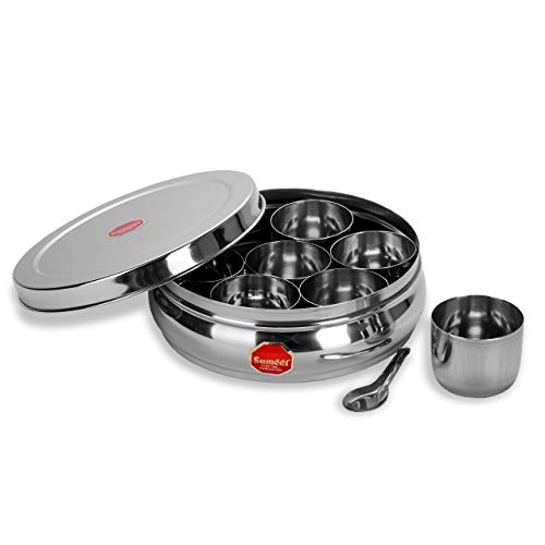 Sumeet Stainless Belly Shape Masala Spice Container Box/Dabba/Organiser With 7 Containers And Small Spoon Size No. 10 1.1Ltr Steel