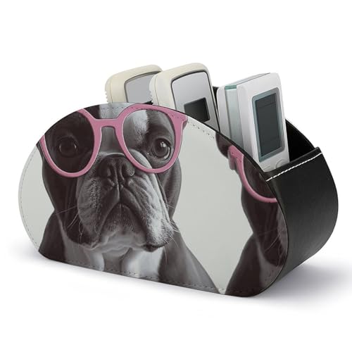 Image of Rkklvbns PU Leather Remote Organizar Box for Office, French Bulldog Pink Glasses TV Remote Control Holder with 5 Compartments, Anti-slip Desktop Remote Caddy Storage for DVD, Blu-Ray, Media Player