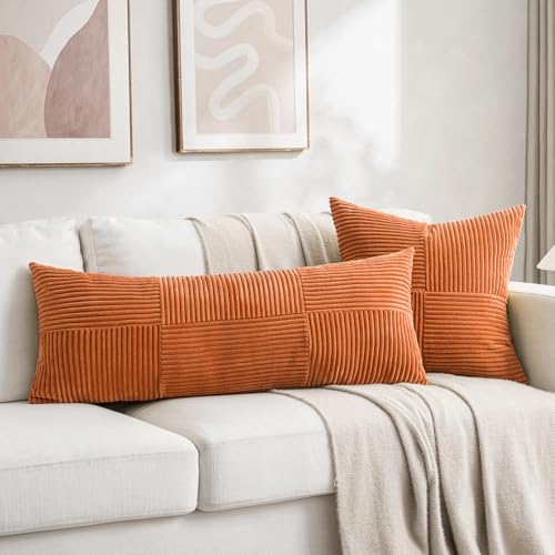 Image of Fancy Homi 2 Packs Orange Fall Decorative Throw Pillow Covers 16x16 Inch for Living Room Couch Bed Sofa, Farmhouse Boho Home Decor, Soft Corss Patchwork Corduroy Textured Square Cushion Case 40x40 cm