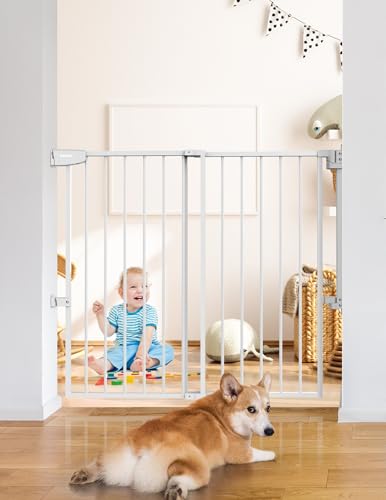 Image of Babelio 34" Tall No Bottom Bar Baby/Dog Gate for Stairs, House and Doorways, 29.7-46.5" Auto Close Safety Pet Gates with Large Walk Thru Door, Hardware Mount, White