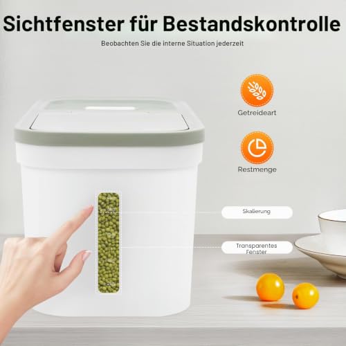 Futtertonne Reisbehälter 10KG, Futterbehälter mit Reistasse, Futteraufbewahrung für Hunde, Reisspender für Reis, Mehl, Cornflakes, Hundefutter, Katzenfutter, 22*38*23cm, Grün