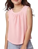 Spring&Gege Girls Pleated Round Neck Summer Soft Waffle Knit Tank Top for Girls Trendy Basic Curved Hem Tops Casual Blouse Tunic, Pink, Size 9-10 Years
